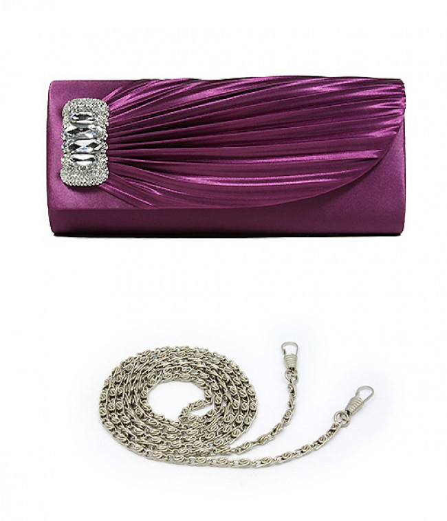 Evening Bag - Pleated Satin w/ Rhinestones Accent Charm &ndash; Purple &ndash; BG-92409PU